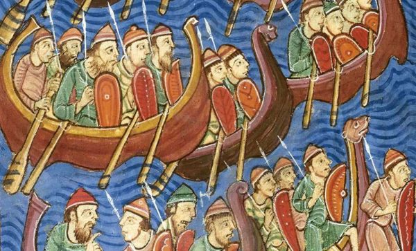 Viking longboats sailing to England