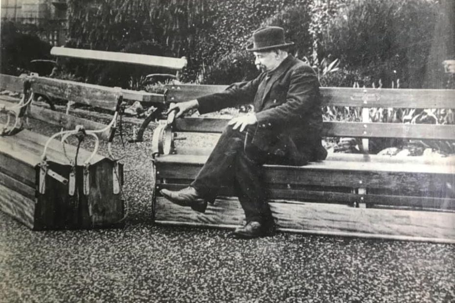 James Dalton Linkleter looking at his patented inflatable life raft in the 1900s