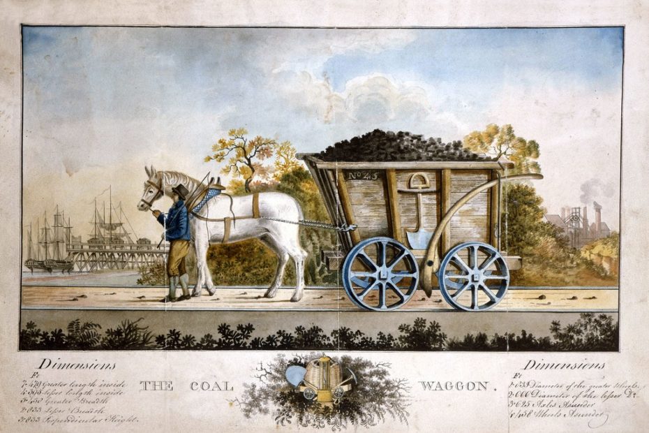 Dimensons of a horse drawn coal waggon with staithes in the background