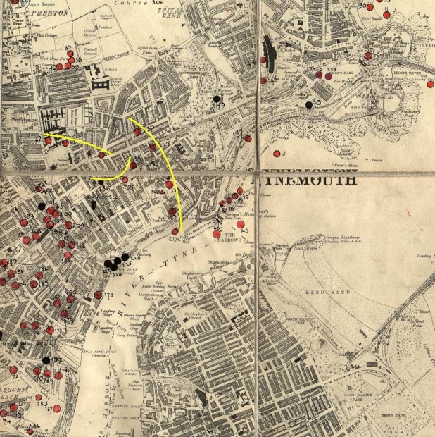 Map of the German bombs dropped in Tynemouth and North Shields during WW2